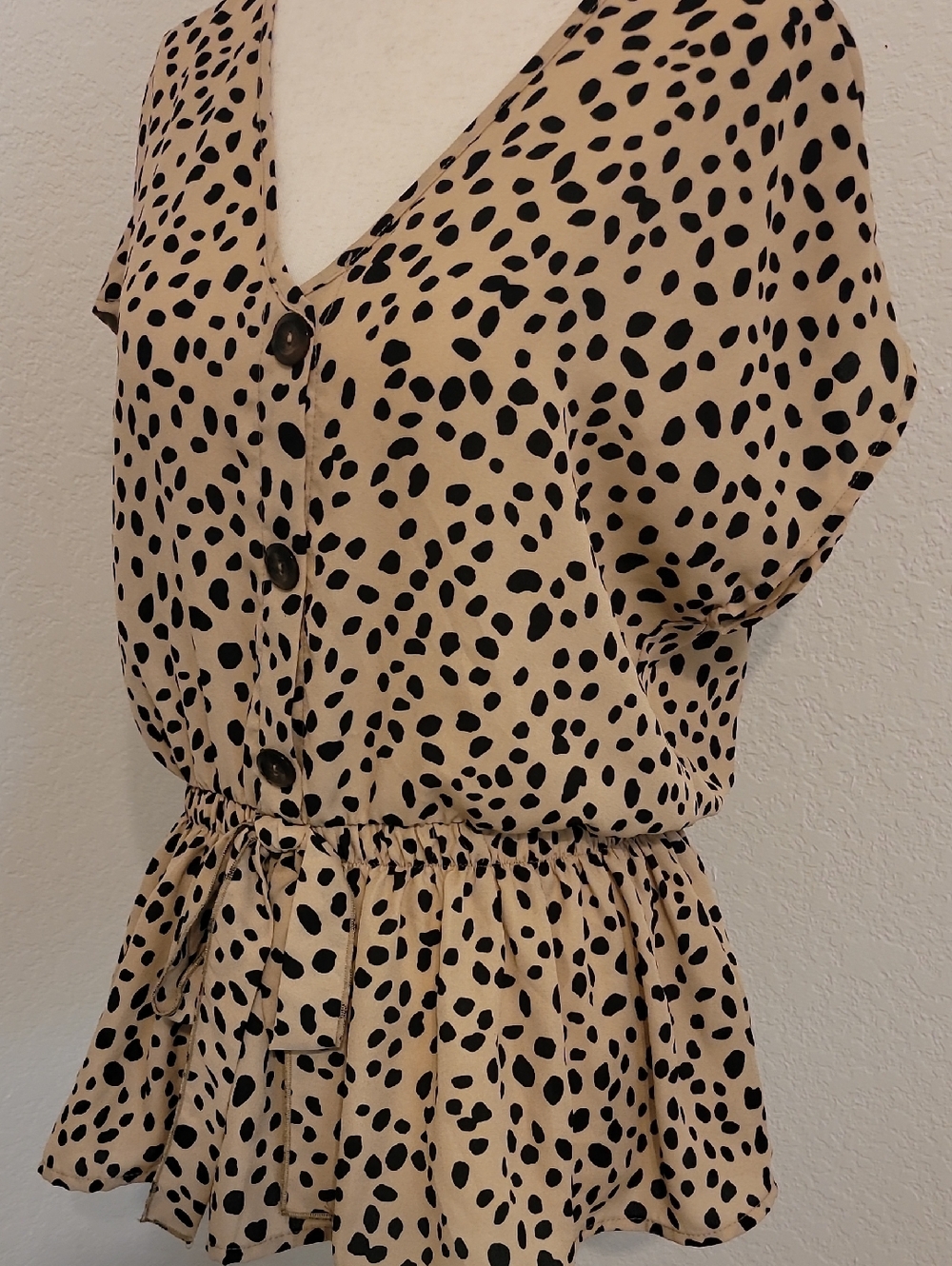 Beige Spot Peplum Blouse with Button Front